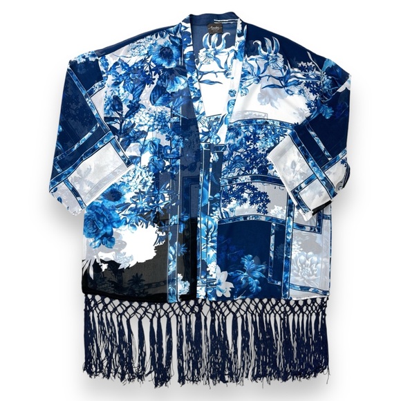 Chicos Travelers L/XL Blue Patchwork Fringe Duster Open Kimono Swim Cover Floral - Picture 2 of 11